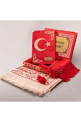 Şal + Seccade + Tesbih + Ay Yıldız Kuran Hediye Seti (Orta Boy, Kırmızı, Gold Pleksi)
