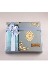 Şal + Seccade + Tesbih + Kuran Hediye Seti (Orta Boy, Kadife, Açık Mavi, Lafzatullah)