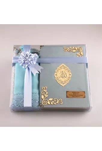 Şal + Seccade + Tesbih + Kuran Hediye Seti (Çanta Boy, Kadife, Açık Mavi, Lafzatullah)