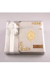 Şal + Seccade + Tesbih + Kuran Hediye Seti (Çanta Boy, Kadife, Beyaz, Lafzatullah)