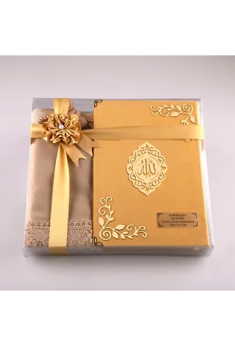 Şal + Seccade + Tesbih + Kuran Hediye Seti (Orta Boy, Kadife, Gold, Lafzatullah)