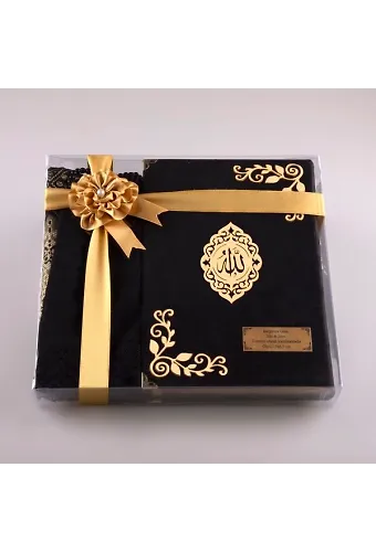 Şal + Seccade + Tesbih + Kuran Hediye Seti (Orta Boy, Kadife, Siyah, Lafzatullah)