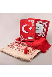 Şal + Seccade + Tesbih + Ay Yıldız Kuran Hediye Seti (Orta Boy, Kırmızı, Gümüş Pleksi)