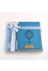 Şal + Seccade + Tesbih + Kuran Hediye Seti (Çanta Boy, Termo Deri, Açık Mavi)