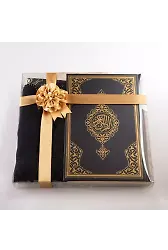 Şal + Tesbih + Kuran Hediye Seti (Çanta Boy, Standart Cilt, Siyah)