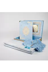 Şal + Seccade + Tesbih + Kuran Hediye Seti (Orta B. Şems Lafzatullah Gold Pleksi Raşel Kutu, B.Mavi)