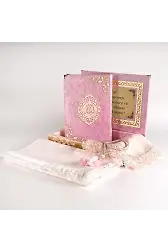 Şal + Seccade + Tesbih + Kuran Hediye Seti (Orta B. ŞemsLafzatullah Gold Pleksi Raşel Kutu, B.Pembe)