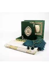 Şal + Seccade + Tesbih + Kuran Hediye Seti (Orta B. Şems Lafzatullah Gold Pleksi Raşel Kutu, Yeşil)