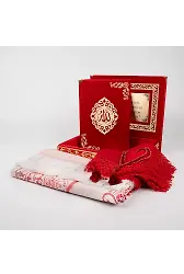 Şal + Seccade + Tesbih + Kuran Hediye Seti (Orta B. ŞemsLafzatullah Gold Pleksi Raşel Kutu, Kırmızı)