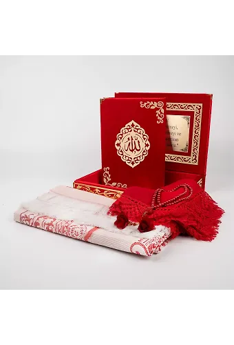 Şal + Seccade + Tesbih + Kuran Hediye Seti (Orta B. ŞemsLafzatullah Gold Pleksi Raşel Kutu, Kırmızı)