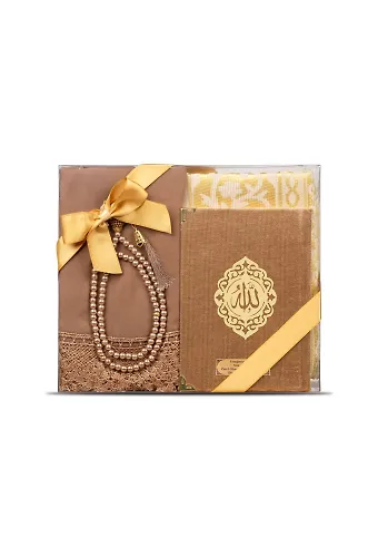 Şal + Seccade + Tesbih + Yasin Hediye Seti (Çanta Boy, Şems Lafzatullah, Raşel Cilt, Gold)