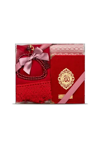 Şal + Seccade + Tesbih + Yasin Hediye Seti (Çanta Boy, Şems Lafzatullah, Raşel Cilt, Kırmızı)