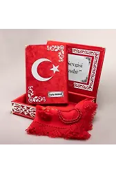 Şal + Tesbih + Ay Yıldız Kuran Hediye Seti (Orta Boy, Kırmızı, Gümüş Pleksi)