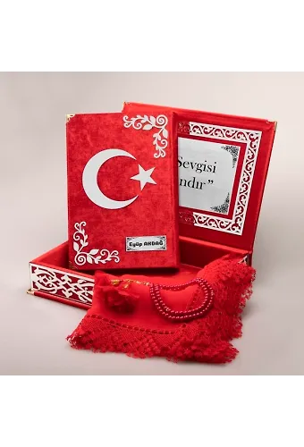 Şal + Tesbih + Ay Yıldız Kuran Hediye Seti (Orta Boy, Kırmızı, Gümüş Pleksi)