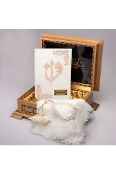 Şal + Tesbih + Kuran Hediye Seti (Hafız Boy, Ahşap Kutulu, Kadife, Beyaz)