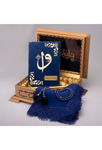 Şal + Tesbih + Kuran Hediye Seti (Hafız Boy, Ahşap Kutulu, Kadife, Lacivert)