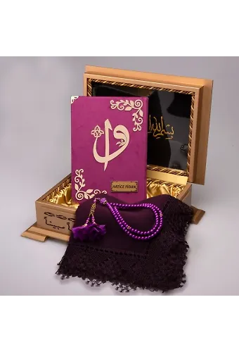 Şal + Tesbih + Kuran Hediye Seti (Hafız Boy, Ahşap Kutulu, Kadife, Mor)