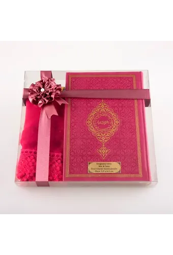 Şal + Tesbih + Kuran Hediye Seti (Orta Boy, Fuşya Pembe)