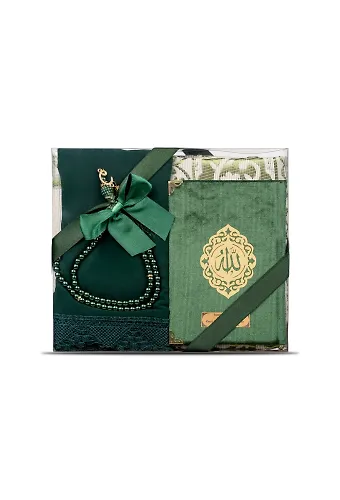 Şal + Seccade + Tesbih + Yasin Hediye Seti (Çanta Boy, Şems Lafzatullah, Raşel Cilt, Yeşil)