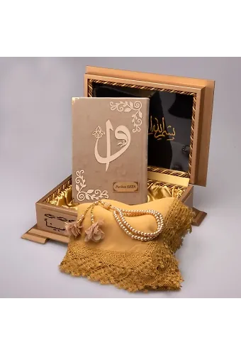 Şal + Tesbih + Kuran Hediye Seti (Hafız Boy, Ahşap Kutulu, Kadife, Vizon)