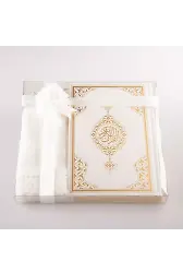 Şal + Tesbih + Kuran Hediye Seti (Çanta Boy, Standart Cilt, Beyaz)