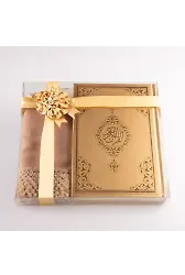Şal + Tesbih + Kuran Hediye Seti (Hafız Boy, Standart Cilt, Gold)