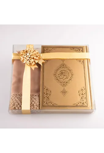Şal + Tesbih + Kuran Hediye Seti (Çanta Boy, Standart Cilt, Gold)