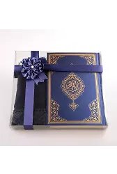 Şal + Tesbih + Kuran Hediye Seti (Orta Boy, Standart Cilt, Lacivert)