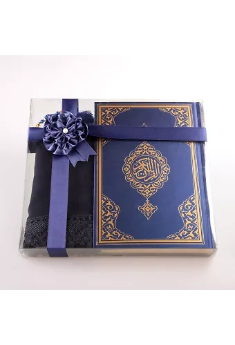 Şal + Tesbih + Kuran Hediye Seti (Orta Boy, Standart Cilt, Lacivert)