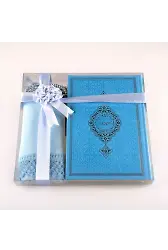 Şal + Tesbih + Kuran Hediye Seti (Hafız Boy, Termo Deri, Açık Mavi)