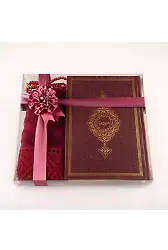 Şal + Tesbih + Kuran Hediye Seti (Çanta Boy, Termo Deri, Bordo)