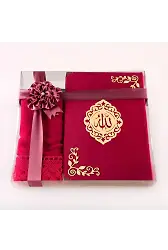 Şal + Tesbih + Kuran Hediye Seti (Hafız Boy, Kadife, Şems Lafzatullah, Fuşya Pembe)
