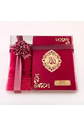 Şal + Tesbih + Kuran Hediye Seti (Çanta Boy, Kadife, Şems Lafzatullah, Fuşya Pembe)