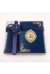 Şal + Tesbih + Kuran Hediye Seti (Hafız Boy, Kadife, Şems Lafzatullah, Lacivert)
