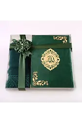 Şal + Tesbih + Kuran Hediye Seti (Hafız Boy, Kadife, Şems Lafzatullah, Zeytin Yeşili)
