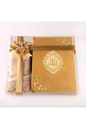 Şal + Tesbih + Kuran Hediye Seti (Çanta Boy, Kadife, Şems Lafzatullah, Gold)