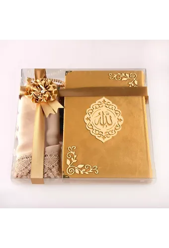 Şal + Tesbih + Kuran Hediye Seti (Hafız Boy, Kadife, Şems Lafzatullah, Gold)