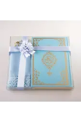 Şal + Tesbih + Kuran Hediye Seti (Orta Boy, Standart Cilt, Açık Mavi)