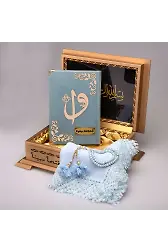 Ahşap Kutulu Şal + Tesbih + Kuran Hediye Seti (Hafız Boy, Kadife, Mavi)