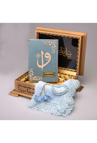 Ahşap Kutulu Şal + Tesbih + Kuran Hediye Seti (Hafız Boy, Kadife, Mavi)