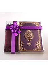 Şal + Tesbih + Kuran Hediye Seti (Hafız Boy, Standart Cilt, Mor)