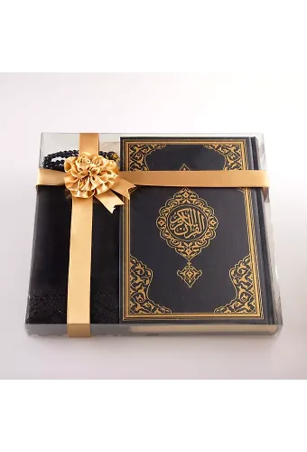 Şal + Tesbih + Kuran Hediye Seti (Orta Boy, Standart Cilt, Siyah)