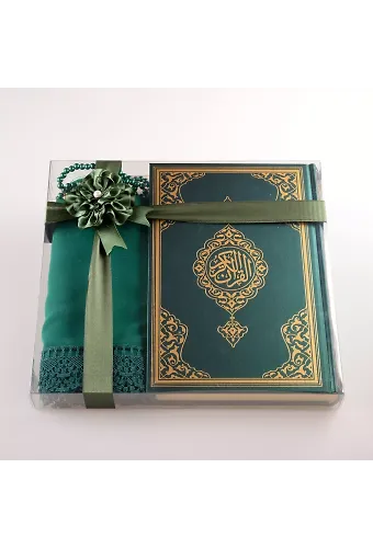 Şal + Tesbih + Kuran Hediye Seti (Orta Boy, Standart Cilt, Yeşil)