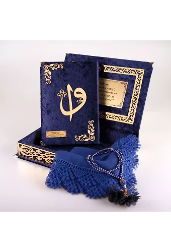 Şal + Tesbih + Kuran Hediye Seti (Orta Boy, ElifVav, Gold Pleksi, Raşel Kutu, Lacivert)