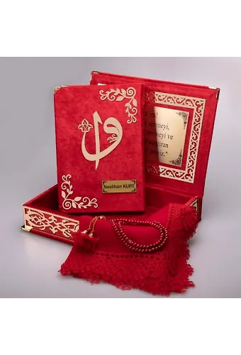 Şal + Tesbih + Kuran Hediye Seti (Orta Boy, Kırmızı, Gold Pleksi)
