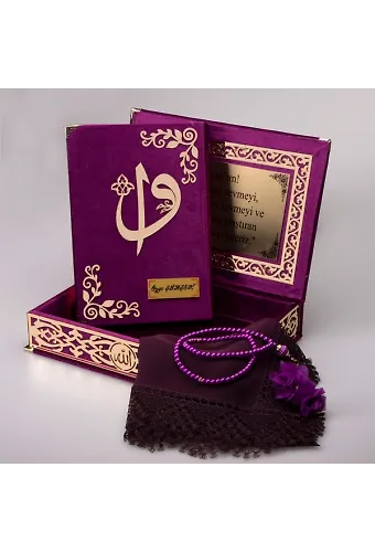 Şal + Tesbih + Kuran Hediye Seti (Orta Boy, Mor, Gold Pleksi)