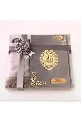 Şal + Tesbih + Kuran Hediye Seti (Orta Boy, Kadife, Lafzatullah, Gri)