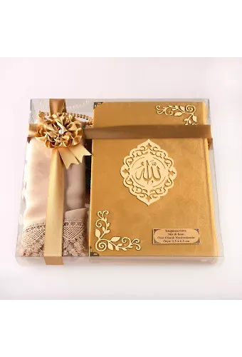 Şal + Tesbih + Kuran Hediye Seti (Orta Boy, Kadife, Lafzatullah, Gold)
