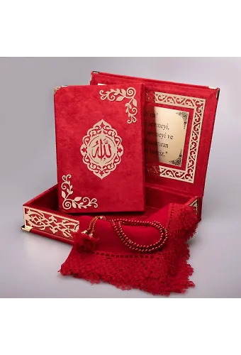 Şal + Tesbih + Kuran Hediye Seti (Orta Boy, ŞemsLafzatullah, Gold Pleksi, Raşel Kutu, Kırmızı)