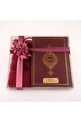Şal + Tesbih + Kuran Hediye Seti (Orta Boy, Termo Deri, Bordo)